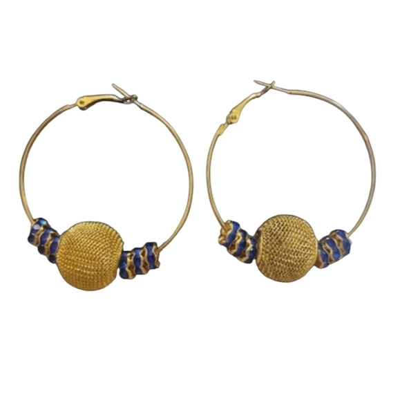 Gold Plated Handcrafted Ball Drop Hoops & Sapphire Imitation Crystal - Picture 1 of 6